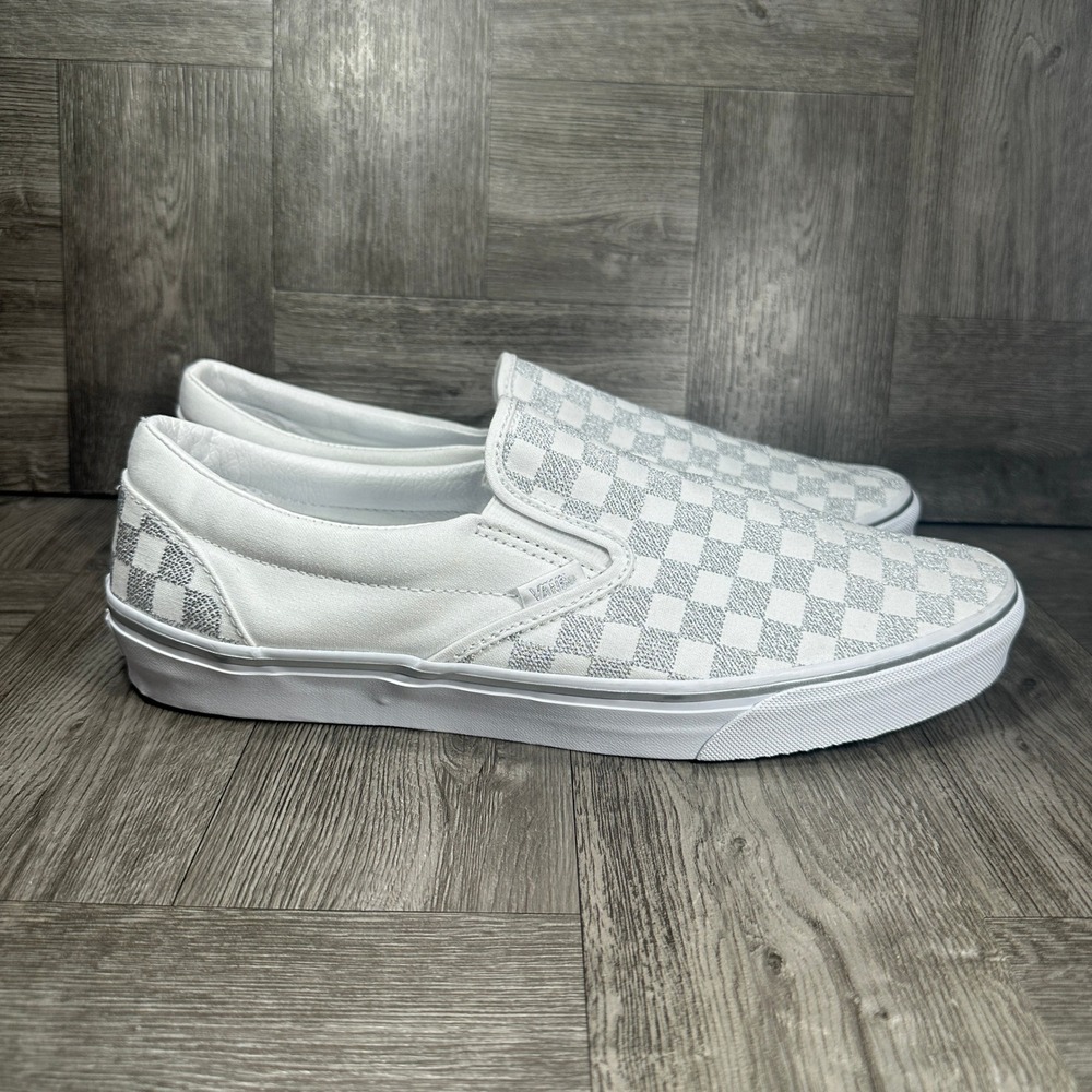 Vans Slip On Checkerboard Mens 13 White Silver Glitter VN000721356 NEW